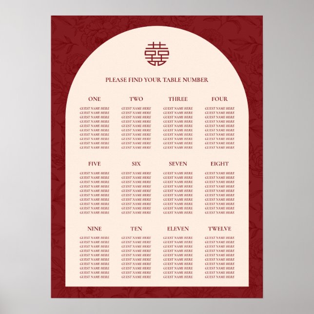 Floral Chinese Wedding 12 Table Seating Chart (Front)
