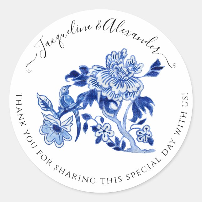 Floral Chinoiserie Bird Foliage Blue White Wedding Classic Round Sticker (Front)