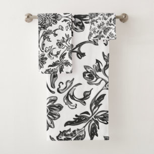 Floral Chinoiserie Black & White Watercolor Bath Towel Set