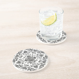 Floral Chinoiserie Black & White Watercolor Coaster