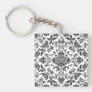 Floral Chinoiserie Black & White Watercolor Key Ring