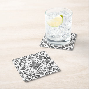 Floral Chinoiserie Black & White Watercolor Square Paper Coaster