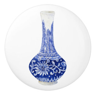 Floral Chinoiserie Blue White Foliage Ginger Jar Ceramic Knob