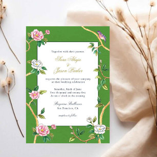Floral Chinoiserie Green & Gold Frame Wedding Invitation