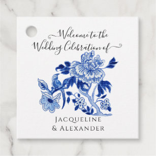 Floral Chinoiserie Navy Blue White Bird Wedding Favour Tags