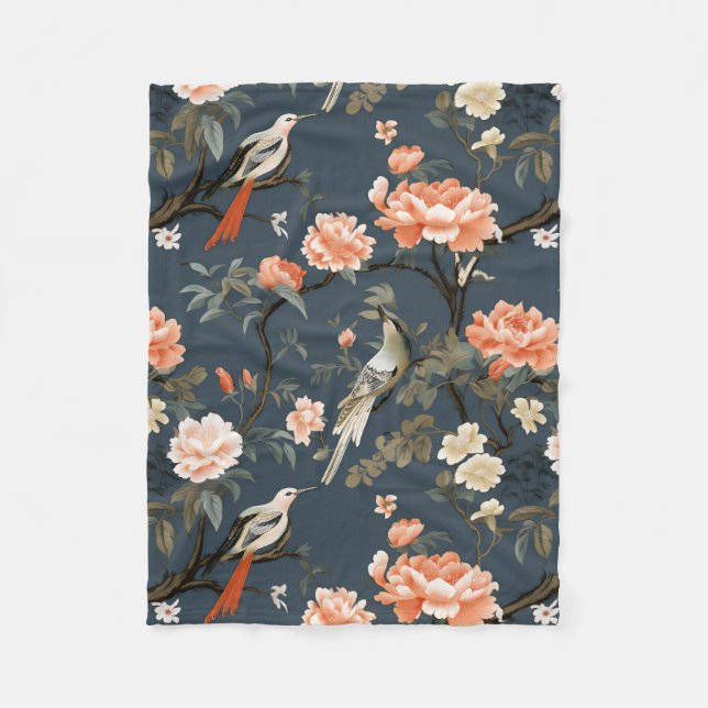 Floral Chinoiserie on Denim Blue Fleece Blanket (Front)