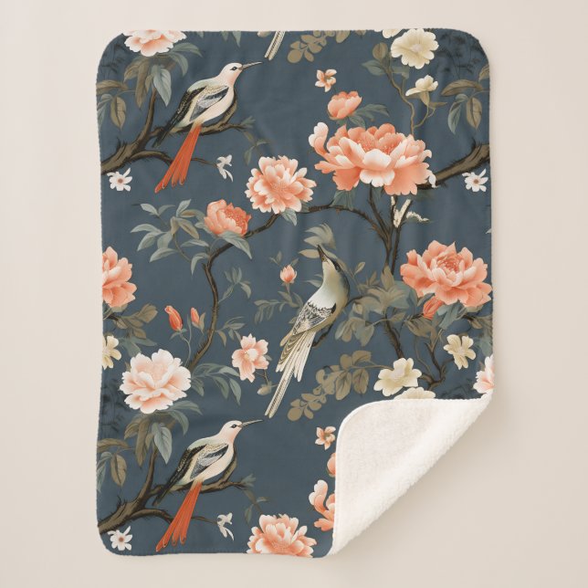Floral Chinoiserie on Denim Blue Sherpa Blanket (Front)