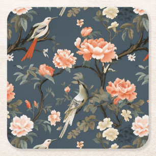 Floral Chinoiserie on Denim Blue Square Paper Coaster