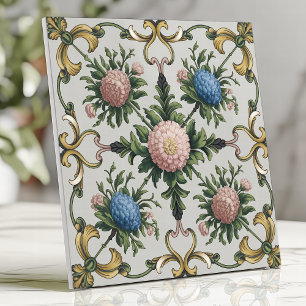 Floral Chinoiserie Pink and Blue Chrysanthemum Tile