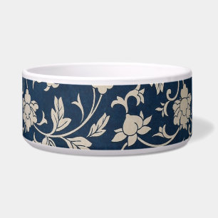 Floral Chinoiserie Vintage Blue Ceramic Pet Bowl
