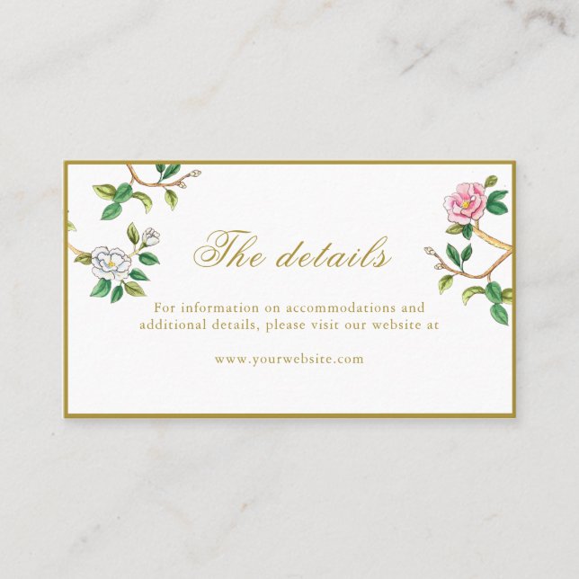 Floral Chinoisorie QR code wedding details Place Card (Front)