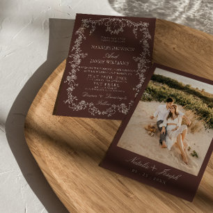 Floral Chocolate Brown Monogram Old Money Wedding Invitation