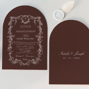 Floral Chocolate Brown Old Money Arched Wedding Invitation