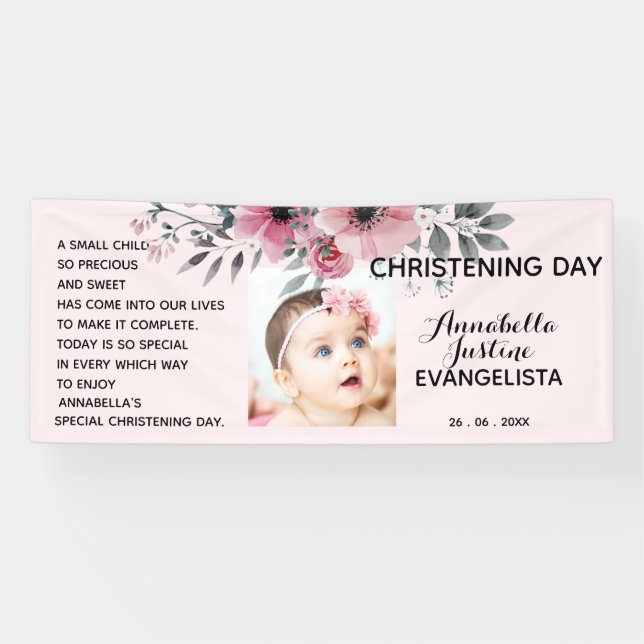 Floral CHRISTENING DAY Soft Pink/Grey Event Party Banner (Horizontal)