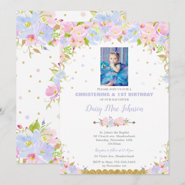 Floral Christening Invitations 1st Birthday Girl (Front/Back)