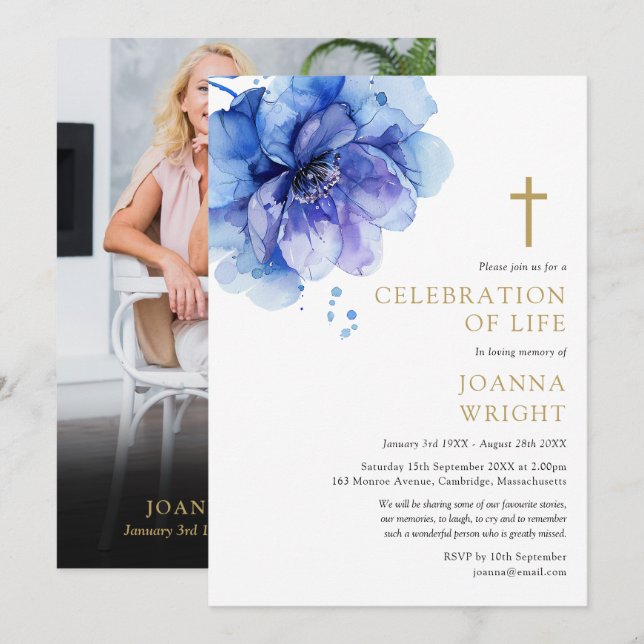 Floral Christian Celebration Of Life Funeral Photo Invitation (Front/Back)