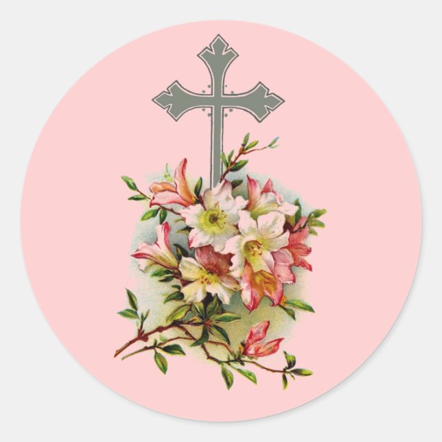 Floral Christian Cross Classic Round Sticker (Front)