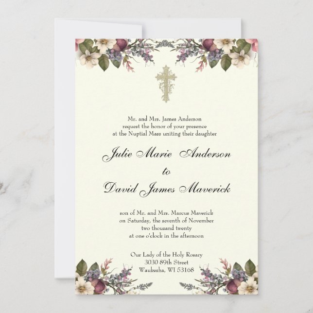 Floral Christian Cross Wedding Rings Catholic Invitation (Front)