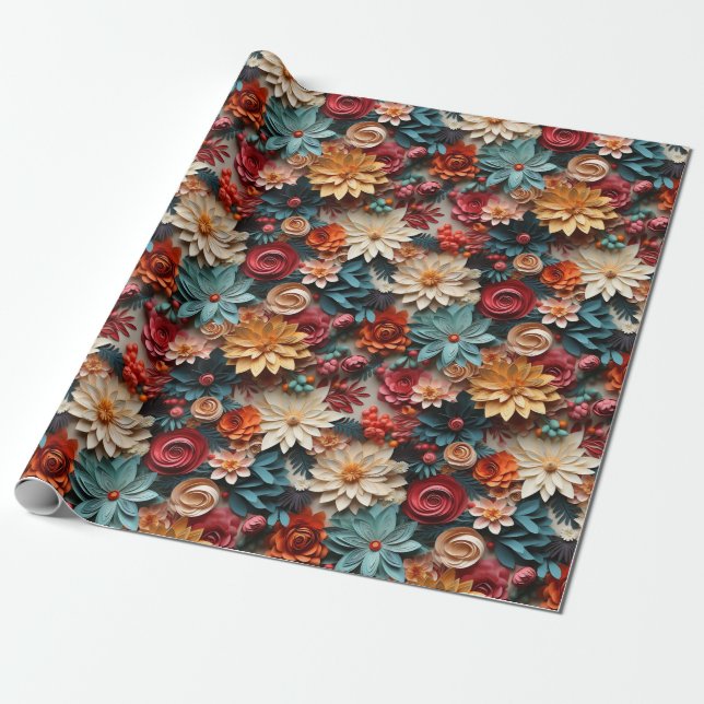 Floral Christmas 3D  Wrapping Paper (Unrolled)