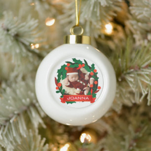 Floral Christmas Baby's First Christmas Photo Ceramic Ball Christmas Ornament