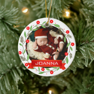 Floral Christmas Baby's First Christmas Photo Ceramic Tree Decoration