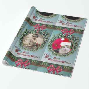 FLORAL CHRISTMAS CROWN ,RED RIBBON PHOTO TEMPLATE WRAPPING PAPER