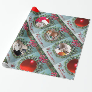 FLORAL CHRISTMAS CROWN ,RED RIBBON PHOTO TEMPLATE WRAPPING PAPER