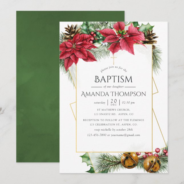 Floral Christmas Geometric Baptism or Christening Invitation (Front/Back)