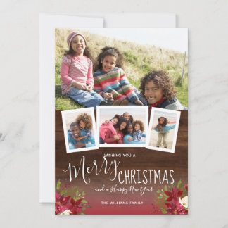Floral Christmas Happy New Year Wood 4 Photo Holiday Card