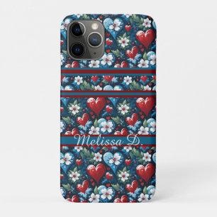 Floral Christmas Hearts in Red Blue and Green iPhone 11 Pro Case