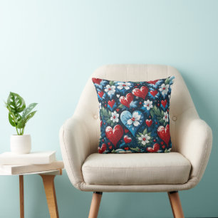 Floral Christmas Hearts in Red Blue and Green Cushion