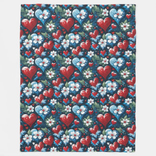 Floral Christmas Hearts in Red Blue and Green Fleece Blanket