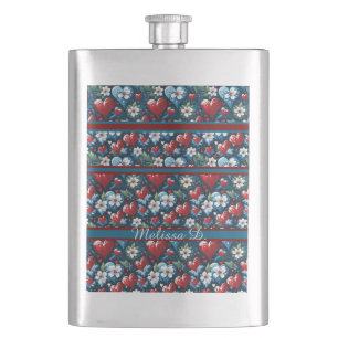 Floral Christmas Hearts in Red Blue and Green Hip Flask
