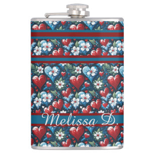 Floral Christmas Hearts in Red Blue and Green Hip Flask