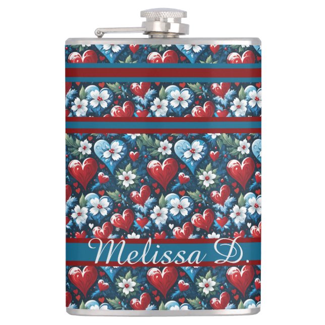 Floral Christmas Hearts in Red Blue and Green Hip Flask (Front)