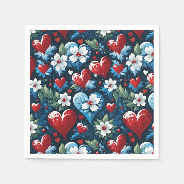 Floral Christmas Hearts in Red Blue and Green Napkin (Front)