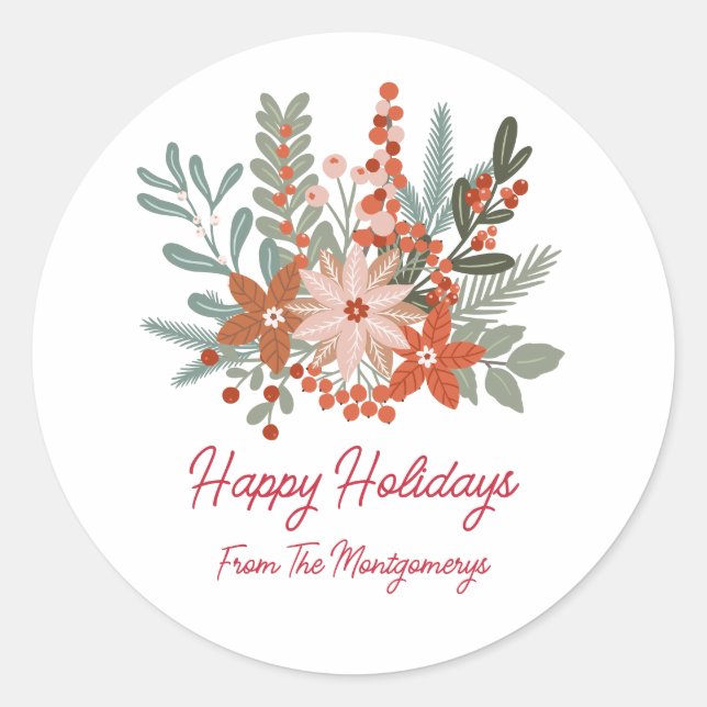Floral Christmas Holiday Family Name  Classic Round Sticker (Front)