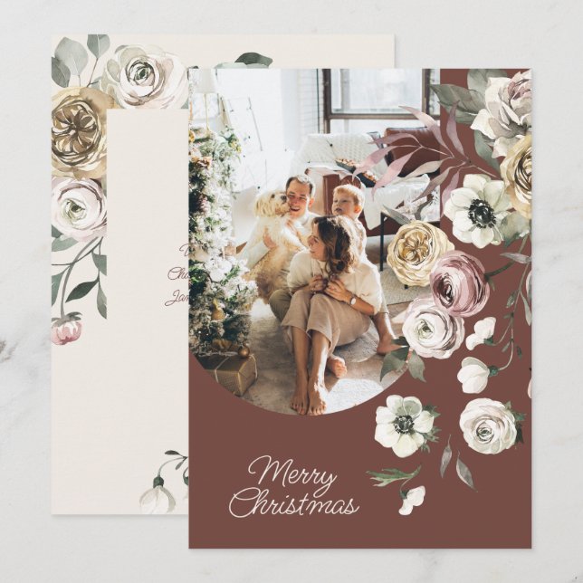 Floral Christmas Holiday Photo Personalised Card (Front/Back)
