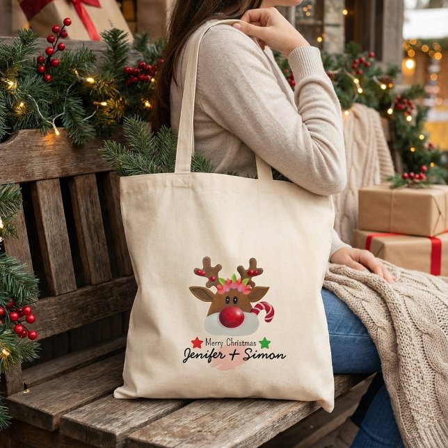 Floral Christmas personalized name reindeer Tote Bag (Creator Uploaded)