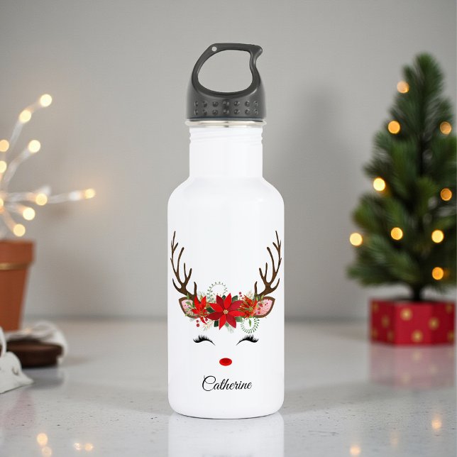 Floral Christmas Reindeer Personalised Name 532 Ml Water Bottle (Creator Uploaded)