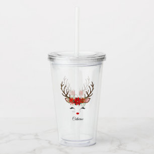 Floral Christmas Reindeer Personalised Name Acrylic Tumbler