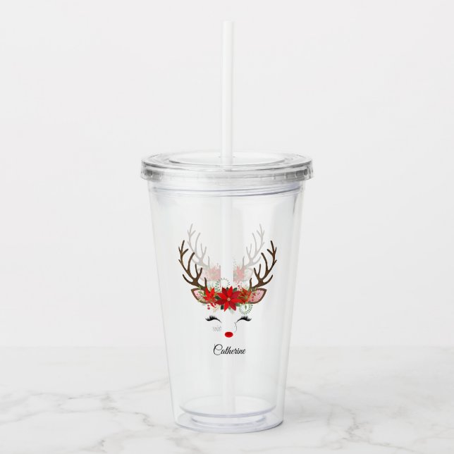 Floral Christmas Reindeer Personalised Name Acrylic Tumbler (Front)