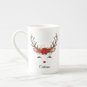 Floral Christmas Reindeer Personalised Name Bone China Mug