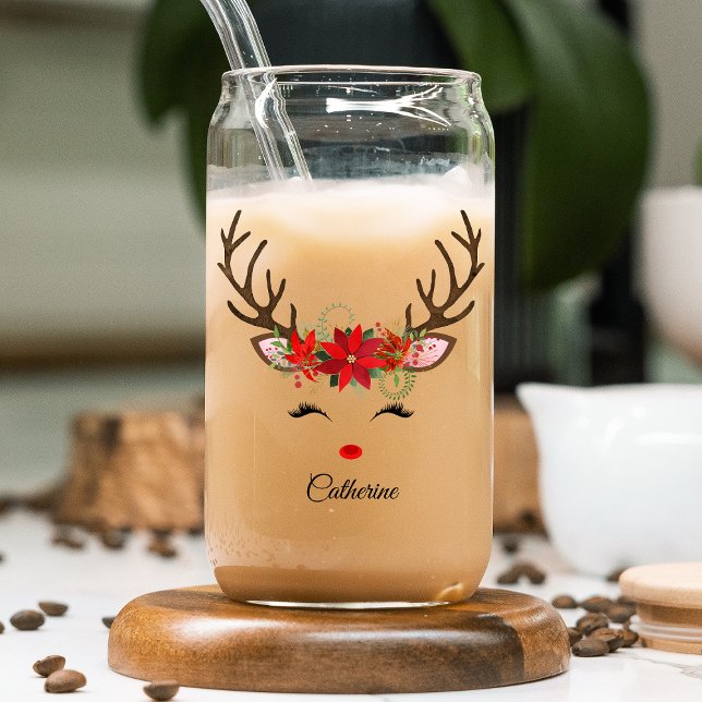 Floral Christmas Reindeer Personalised Name Can Glass (Creator Uploaded)