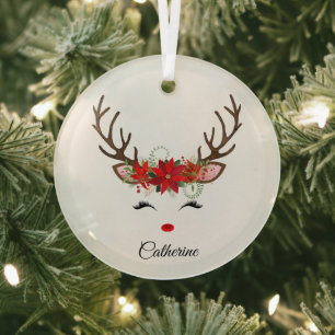 Floral Christmas Reindeer Personalised Name Glass Tree Decoration