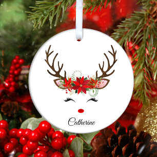 Floral Christmas Reindeer Personalised Name Metal Tree Decoration