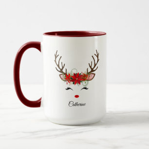 Floral Christmas Reindeer Personalised Name Mug