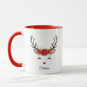 Floral Christmas Reindeer Personalised Name Mug