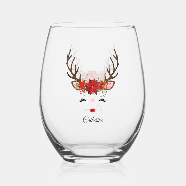 Floral Christmas Reindeer Personalised Name Stemless Wine Glass (Front)