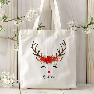 Floral Christmas Reindeer Personalised Name Tote Bag